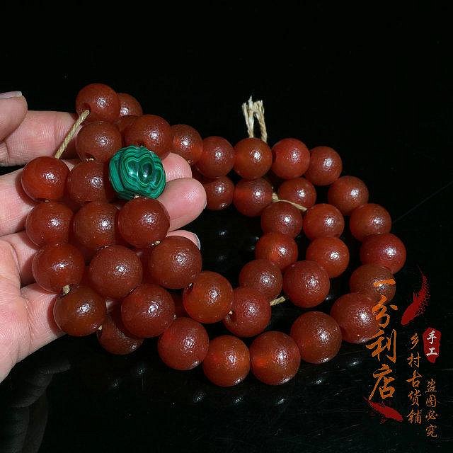 天然西亞滿色老柿子紅瑪瑙圓珠孔雀石手串手鏈佛珠念珠項鏈女