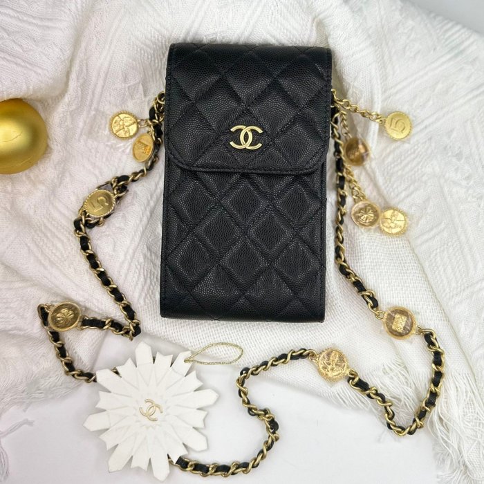 【翰貝格名牌館】全新真品 Chanel 黑色 荔枝紋 牛皮 金CC 皮穿鏈 斜背 直式 金幣 手機包 AP3112