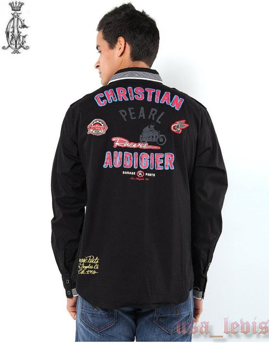 L號現貨賠售【美國Levis專賣】ED HARDY頂級Christian Audigier 黑色 刺繡臂章 寶石釦 長袖襯衫