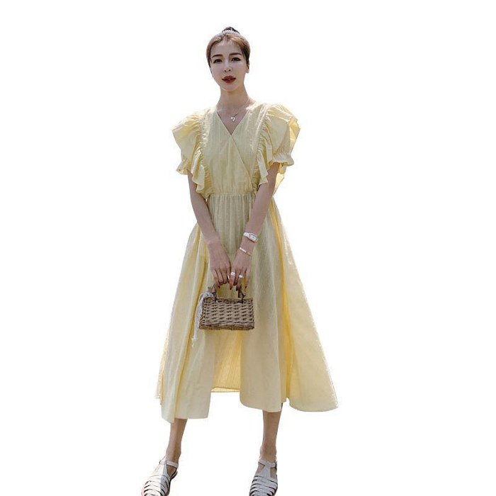 黃色茶歇桔梗法式顯瘦網紅爆款v領連身裙2023女新款夏季長款裙子洋裝