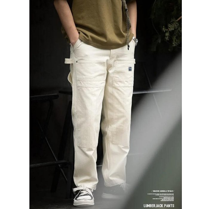 馬登工裝 日系復古 做舊寬鬆 米白色牛仔褲 水洗直筒 多口袋伐木工褲男（滿599元）