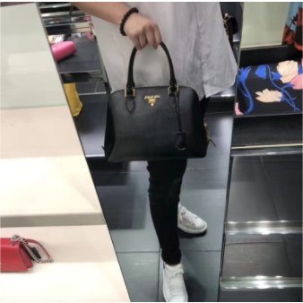 【二手正品】Prada 貝殼包 普拉達 黑色漆皮女包 金標 中型單肩手提包1BA002 prada 包包