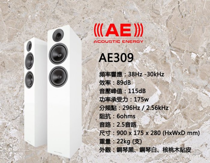 [台南鳳誠] 英國Acoustic Energy 300系列 AE309落地喇叭 ~門市展示/來電優惠~