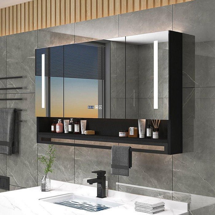 浴室智能鏡鏡子帶置物架柜掛墻式衛生間防水儲物廁所洗手間梳妝鏡^特價特賣