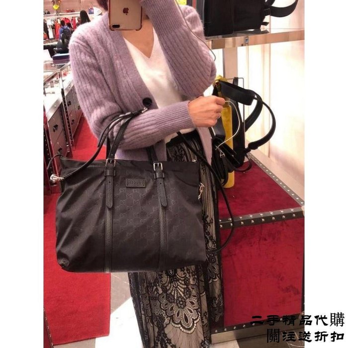 二手精品代購Gucci tote bag 尼龍黑色  托特包 印花logo 郵差包 手袋Tote Bags 510332