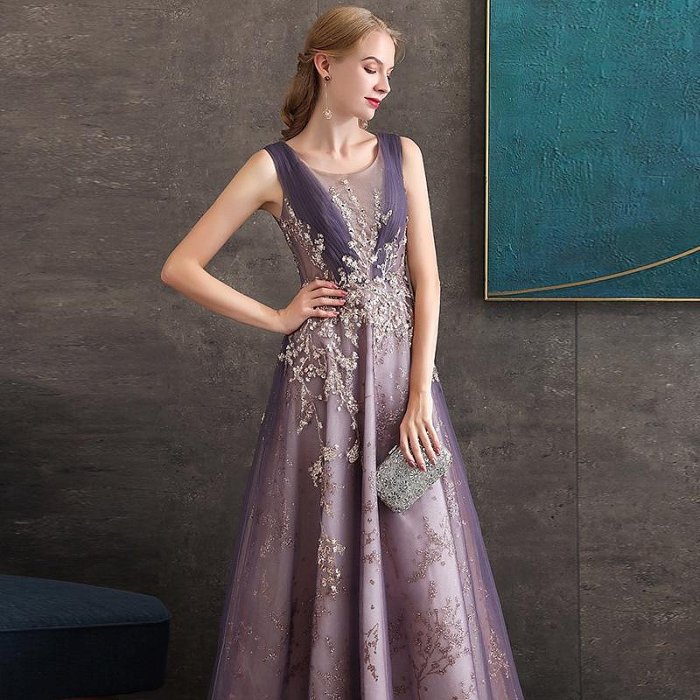 晚禮服女 2022 新款紫色宴會氣質薄款主持年會禮服女舞會禮服長裙