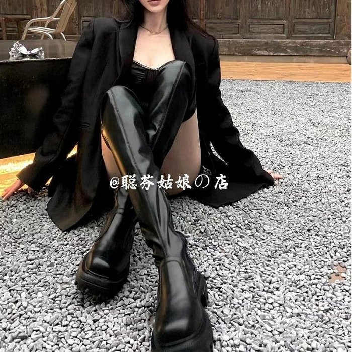 靴子 長靴 女靴 大尺碼長筒靴全牛皮版~方糖過膝靴超長厚底方頭顯瘦真皮長筒靴女粗腿（滿599元免運）