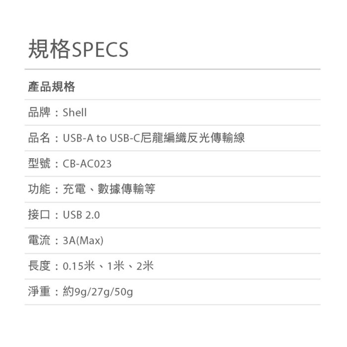 Shell｜台南現貨｜一年保固｜Type-A to Type-C｜反光充電傳輸線 ｜極速快充｜鋁合金接頭｜1M｜破盤王