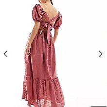 (嫻嫻屋) 英國ASOS-沙漠玫瑰色方領泡泡袖交叉背露美背長裙洋裝AC24