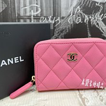 《真愛名牌精品》CHANEL AP0216 粉紅色荔枝皮 淺金C logo ㄇ型 零錢名片包 *全新*代購