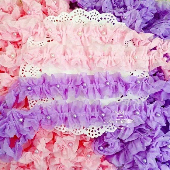 《iAsa愛莎の》手作材料✂粉紫紅色紗帶工字百褶釘珠蕾絲花邊寬4.5cm婚紗表演服材料童裝