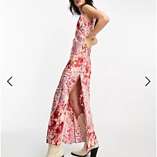 (嫻嫻屋) 英國ASOS-Free People 花卉印花圓領細肩帶長裙紅色鍛面長洋裝EH23