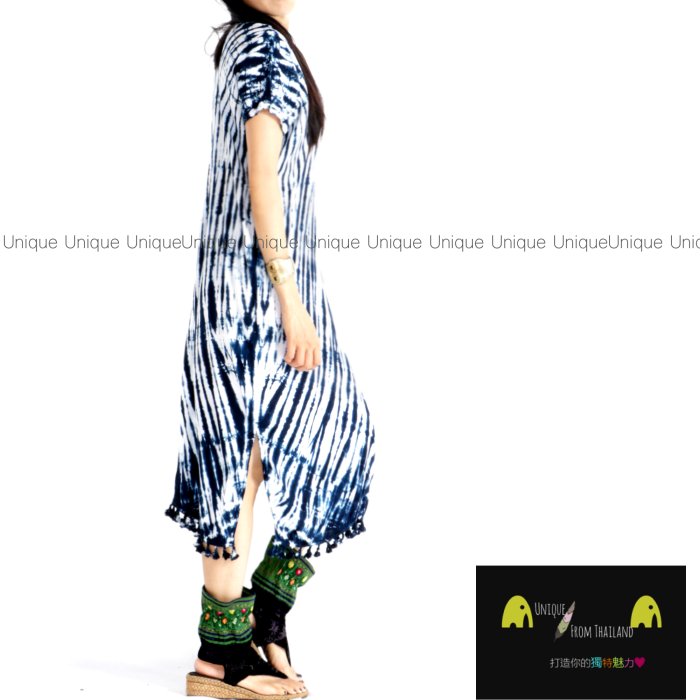 Unic＠泰國進口洋裝TD340『藍染🦋100%純棉🪴V領＿涼感❄️兩側開叉＿下擺鬚邊洋裝』異國風 超顯瘦 中長洋裝