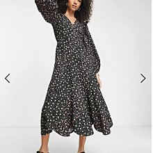 (嫻嫻屋) 英國ASOS-Topshop 優雅時尚名媛混合碎花圖案V領荷葉摺邊裝飾長裙洋裝EH23