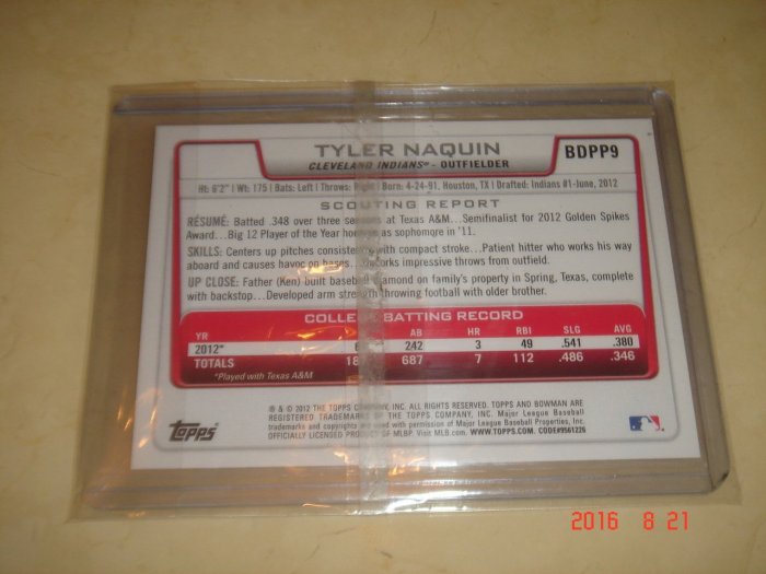 美國職棒 Indians Tyler Naquin 2012 Bowman Prospects RC 新人卡 球員卡