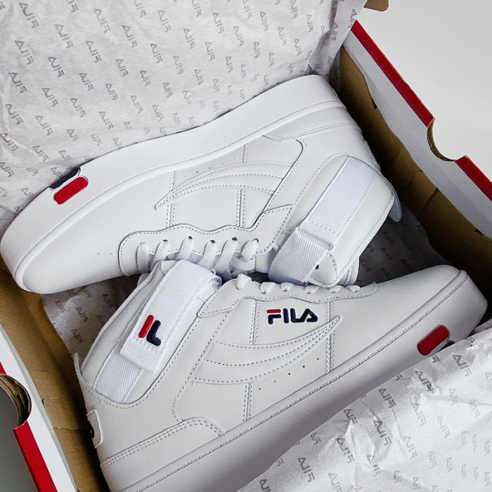 美國百分百【全新正品】FILA 休閒鞋 帆布鞋 運動鞋 高筒 全白 男 魔鬼氈 厚底 BO57