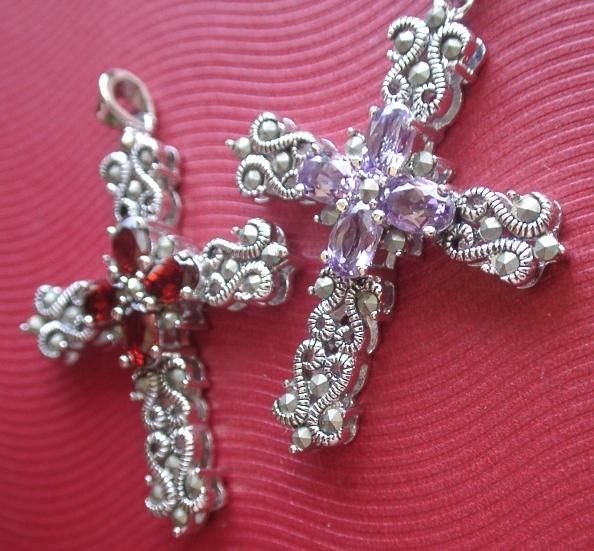 紫水晶~石榴石．馬克賽鑽「十字架」銀墜~~巴洛克華麗---【Flora芙洛拉】