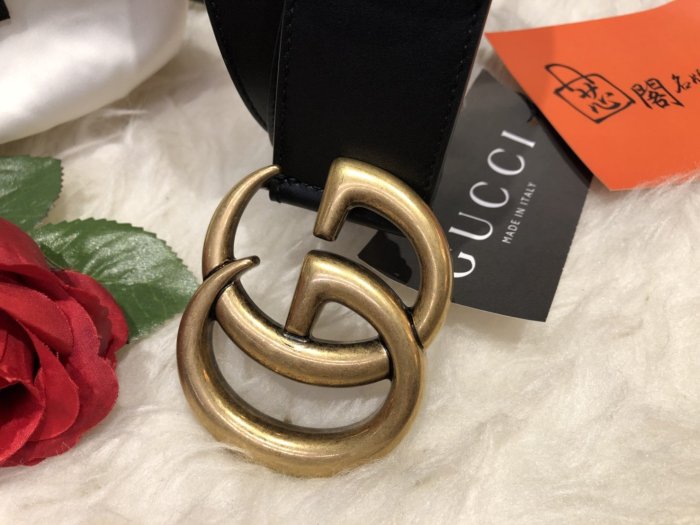 ※芯閣名牌精品店※GUCCI 400593古銅金釦 雙G logo 黑色牛皮全皮 4cm皮帶 85/90/95 全新現貨