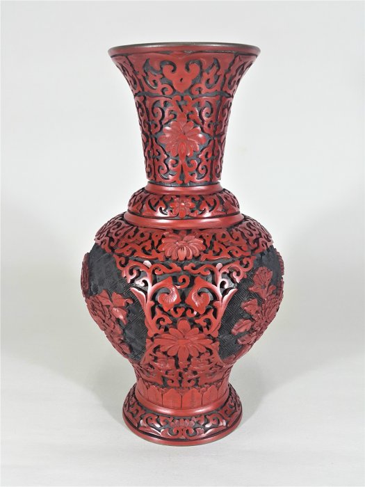 [銀九藝] 早期漆器 高~26公分 銅胎剔紅 花鳥 漆雕花瓶