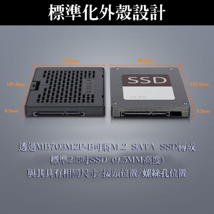 ICY DOCK M.2 SATA SSD轉2.5吋 SATA SSD 轉接盒 MB703M2P-B 無需工具 直接安裝