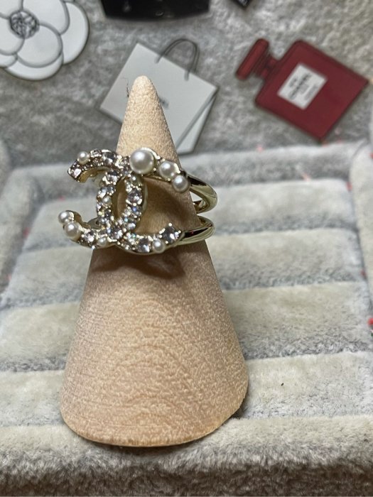 CHANEL 香奈兒 超美 二手 淡金色 水鑽 珍珠 造型 戒指