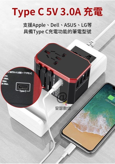 【Anra TYPE C+4USB 萬國轉接頭】Max 8.6A 萬用 萬國 旅行充電器 轉接頭 旅充 出國 旅遊