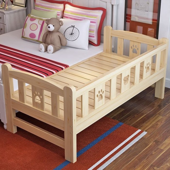 實木兒童床帶護欄單人床松木床男孩女孩加寬拼接大床床墊超夯 精品