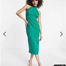 (嫻嫻屋) 英國ASOS-Trendyol優雅時尚名媛綠色削肩領繞頸及膝裙洋裝禮服EH23