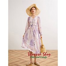 歐美 Lem 新款 法式小眾 夢幻紫色暈染 立體剪裁 宮廷風收腰長袖洋裝 TEA DRESS (Q1101)