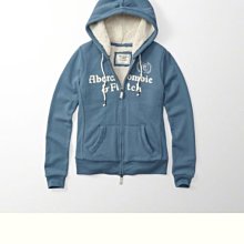 Maple麋鹿小舖 Abercrombie&Fitch ＊ AF 藍色貼布電繡字母內舖毛毛連帽外套 ＊( 現貨XS號 )