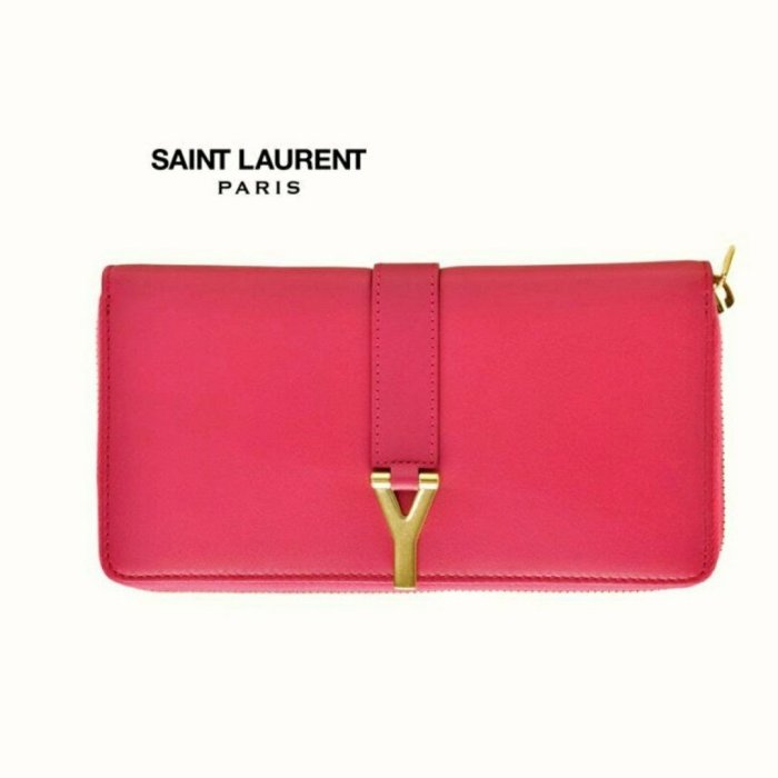 Saint Laurent Paris YSL ( 桃紅色×金屬金色 ) 拉鍊真皮長夾 皮夾 錢包｜100%全新真品｜特價!