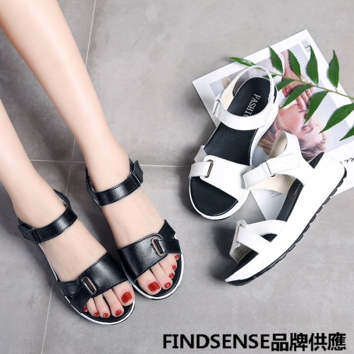 FINDSENSE品牌 新款 日本 女 高品質 真皮 簡約 純色 百搭 厚底增高 舒適 時尚涼鞋 休閒鞋 潮流鞋子