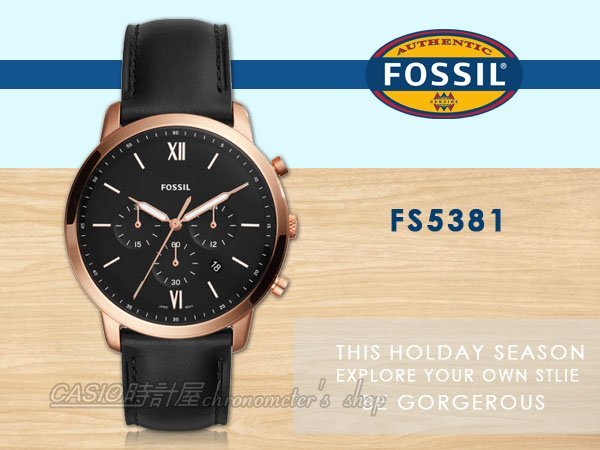 CASIO 時計屋 FOSSIL手錶 FS5381 時尚三眼男錶 皮革錶帶 黑色錶面 防水50米 計時功能