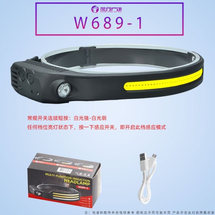 W689感應頭燈泛光LED長條COB強光頭燈TYPEC充電軟硅膠頭戴式電筒