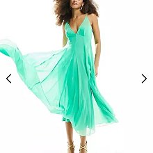 (嫻嫻屋) 英國ASOS-綠色V領雙肩帶微露美背傘狀中長裙洋裝禮服AD24