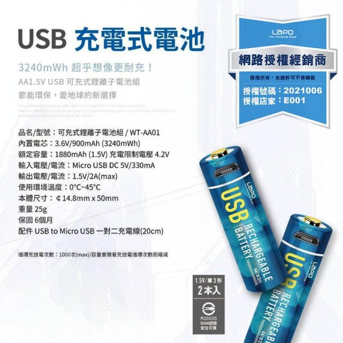 【嚴選外框】 Lapo USB 可充式鋰電池 1.5V 3號電池 環保電池 充電電池 WT-AA01