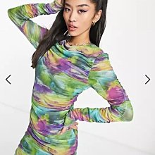 (嫻嫻屋) 英國ASOS-Pieces混合段染網紗高領長袖皺褶裙洋裝EH23