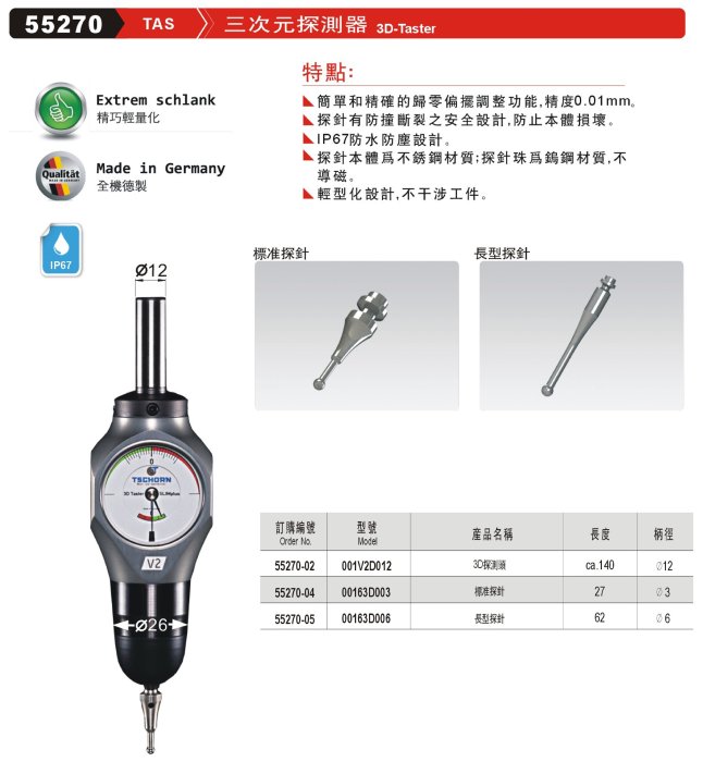 TSCHORN三次元萬向測頭 3D尋邊器 3D量錶 3D量表 3D探測器 三次元探測器 TAS 55270