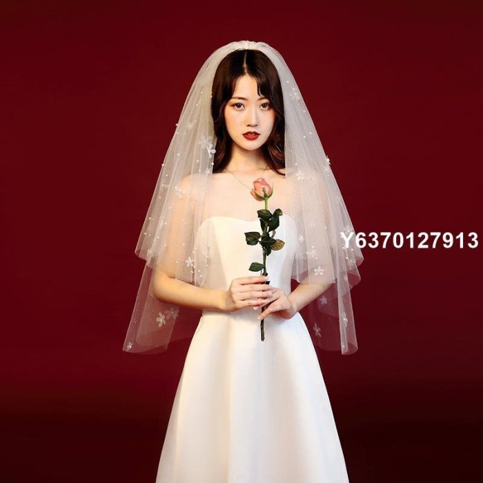 【熱賣精選】韓式新娘頭紗2020新款超仙小花珍珠頭紗新娘結婚頭紗兩層旅拍短紗