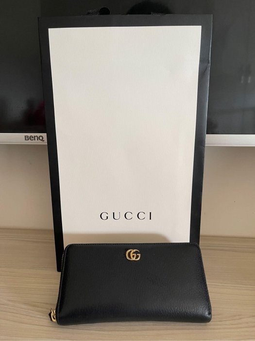 轉賣~ GUCCI 古馳 456117 經典Petite Marmont 皮革拼接帆布拉鍊長夾