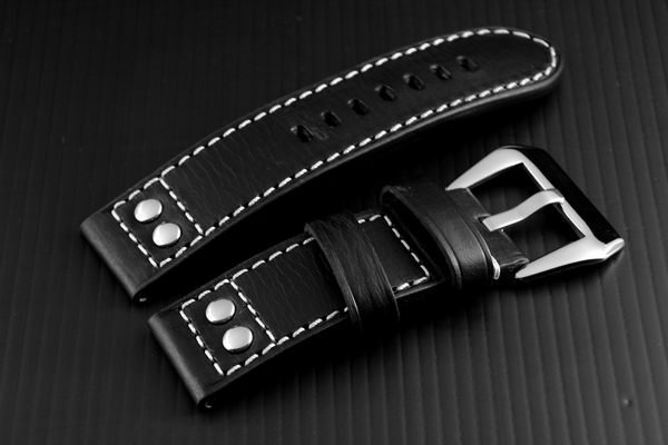 hamilton Steinhart 的新衣,banda軍錶飛行風格鉚釘~24mm ~直身黑色真皮錶帶 fit seik