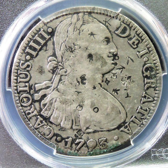 (財寶庫)1793年M0記西屬墨西哥卡洛斯8Reeles雙柱銀幣【PCGS金盾鑑定VF Genuine】請保握機會。