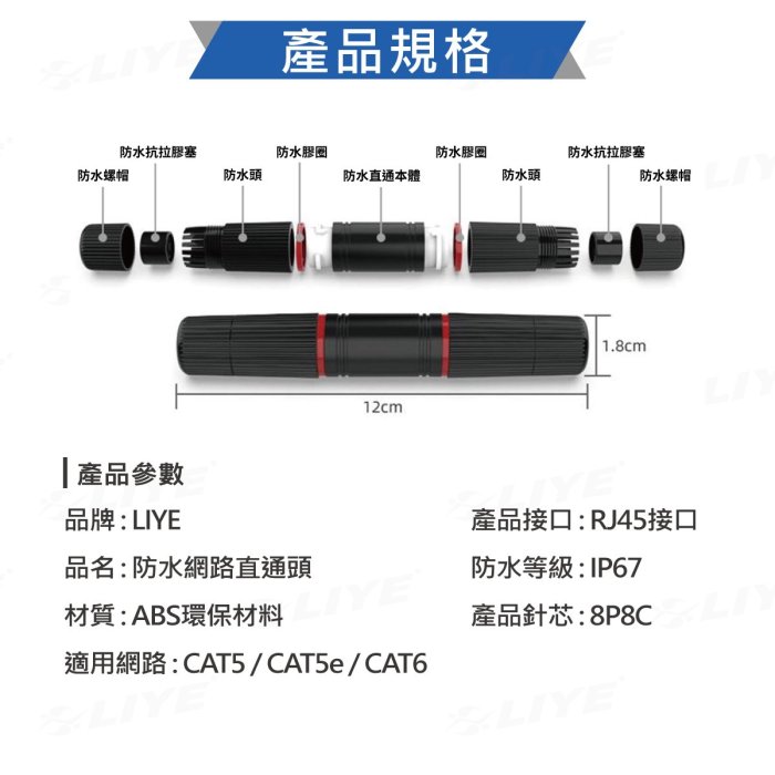 防水網路直通頭 網路線 網路線延長 網路線延長頭 LIYE 網線對接頭 RJ45 CAT6 網路防水接頭