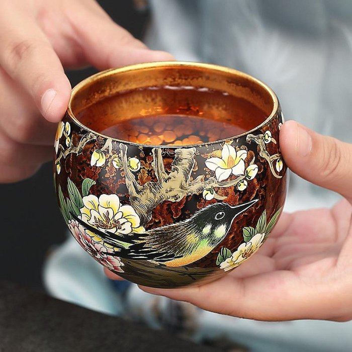 大漆手工建盞杯彩繪鎏金主人杯陶瓷品茗茶杯茶盞個人專用功夫茶具