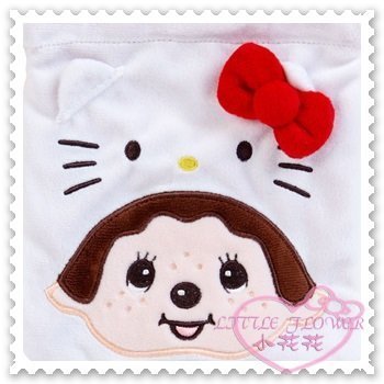 ♥小花花日本精品♥Hello Kitty x Monchhichi絨布造型束口袋縮口袋收納袋大臉蝴蝶結 (預購)