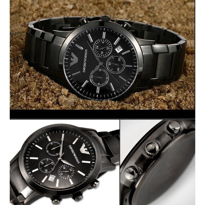 現貨Armani亞曼尼手錶男士黑色不鏽鋼帶三眼計時石英男錶AR2453