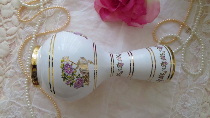 紫丁香歐陸古物雜貨♥希臘vintage 24k金手繪手工製作金色孔雀玫瑰花朵花瓶
