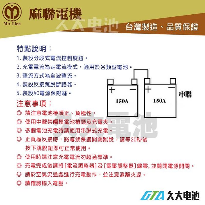 ✚久大電池❚麻聯電機 最耐用最專業 專業型 HA50V15A (2V~48V) 全波段定電流充電機 反接保護