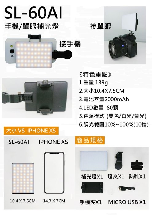 怪機絲 樂華 SL-60AI LED持續燈 LED 手機 相機 隨身 迷你 補光燈 雙色溫 黃光 白光