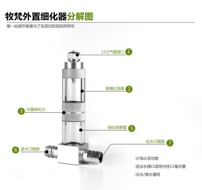 牧梵工具  水族用品 CO2 外置式細化器 擴散器 霧化器（12/16mm）